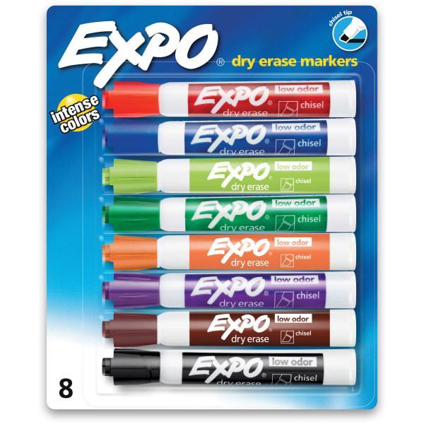 EXPO Low-Odor Dry-Erase Markers, Chisel Point, Assorted Colors, Pack Of 8