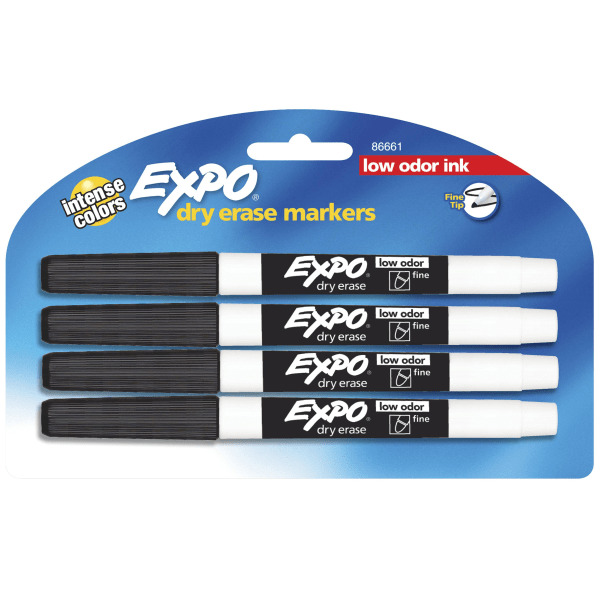 EXPO Low-Odor Dry-Erase Markers, Fine Point, Black, Pack Of 4